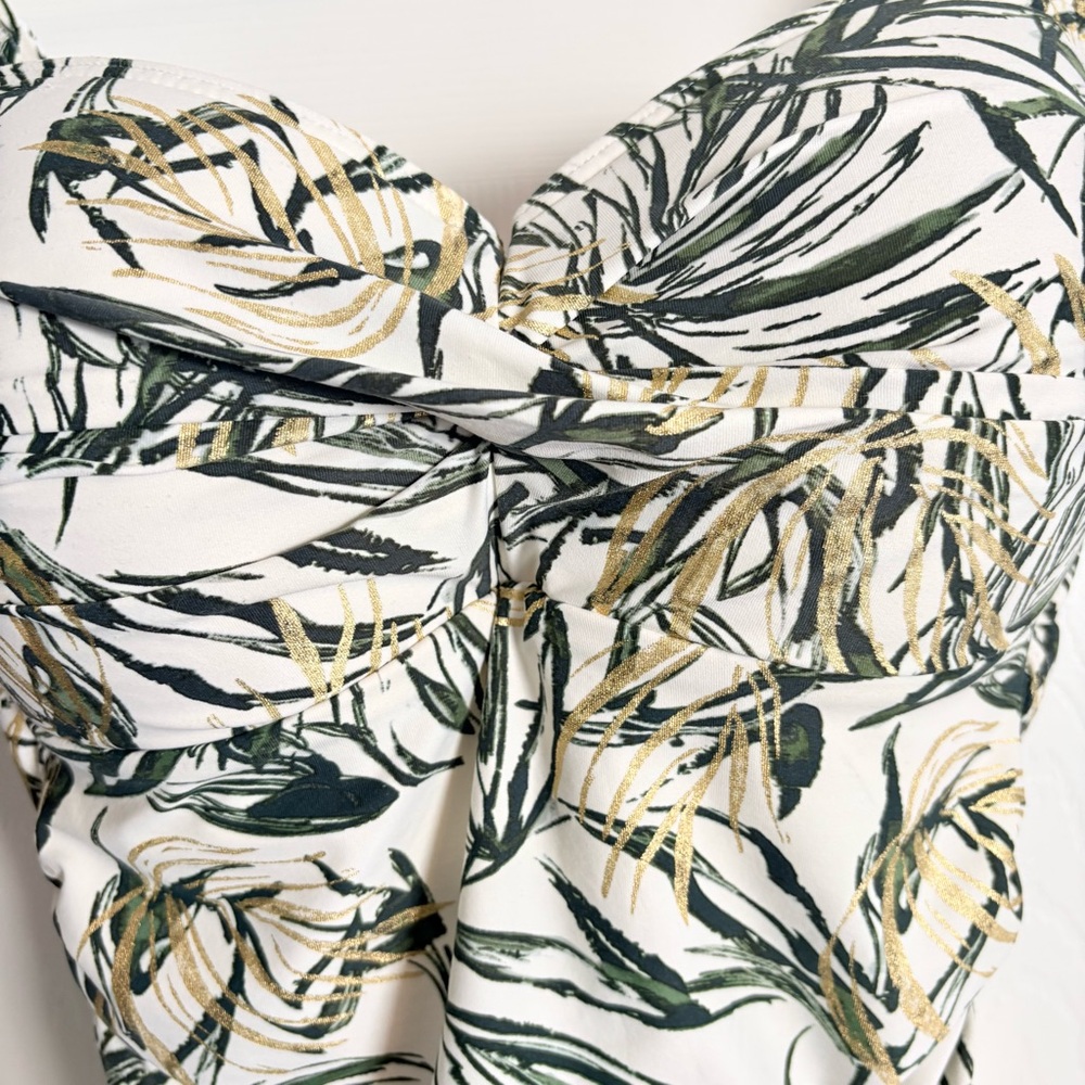 Niptuck Swimsuit One Piece Green Gold Tropical Leaf Padded Ruched Lined Size 10 - Picture 11 of 16